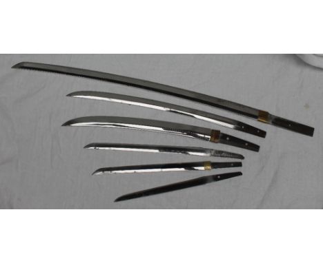 A Katana blade, three Wakizashi blades and two tanto blades, The first signed Yamagawa Hirosuya, the second signed Morimasa a