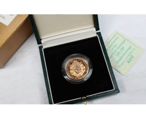 A United Kingdom proof double sovereign, produced by the Royal Mint for the 500th Anniversary of the first gold Sovereign, 14