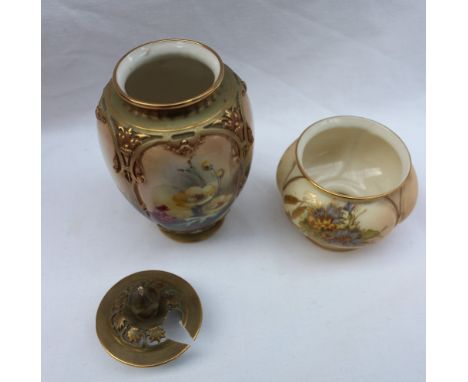 A Royal Worcester porcelain squat vase, transfer and infil decorated with garden flowers to an ivory ground, puce mark and da