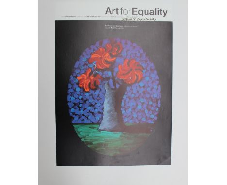 After David Hockney, (Born 1937) "Red flowers and blue spots, 1986" A poster for Art for Equality Signed in pen 59.5 x 42.5cm