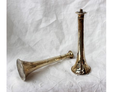 A matched pair of George V silver novelty table lighters in the form of hunting horns, Walker and Hall, Sheffield, 1929 and 1