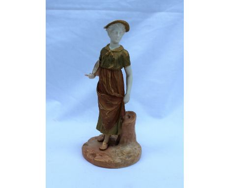 A Royal Worcester porcelain figure of a maiden in a green and gilt highlighted gown, holding a water pail, on a circular base
