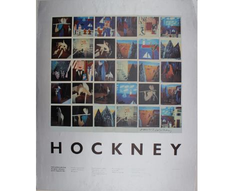After David Hockney, (Born 1937) "Painting and sculpting the stage, 1983, composite polaroid" A poster Signed in pen 91 x 76.