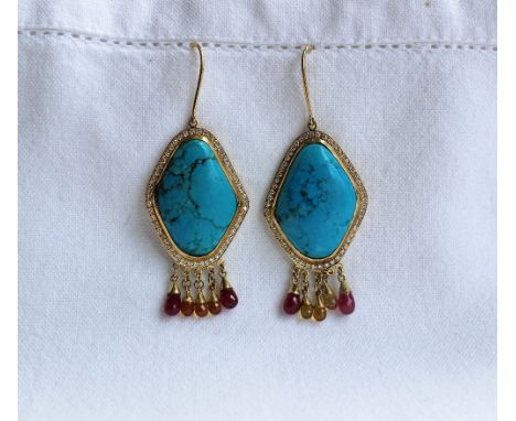 A pair of turquoise, diamond, ruby and yellow topaz earrings, with a large irregular turquoise panel surrounded by round bril