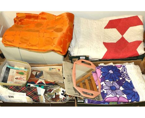 A Late 19th Century Turkey Red and White Patch Work Quilt,  five mid-20th century orange curtains woven with circles, 50's te