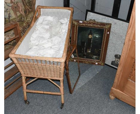 A George II Walnut Fretwork Mirror, 61cm by 35cm, together with a 19th century picture clock depicting Elizabeth Tower, a fra