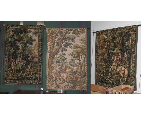  A Modern Machine Made Tapesty depicting a hunting scene set within a woody dell, country house beyond, 188cm by 124cm; toget