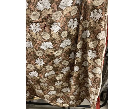 Two Pairs of Sanderson Cotton Curtains, Chrysanthemum Minor Designed by William Morris, in brown and cream, red lining, 155cm