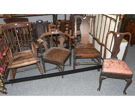 A Victorian Grain Painted Bobbin Turned Rocking Chair, an 18th century oak dining chair and an oak corner smokers chair (3) (