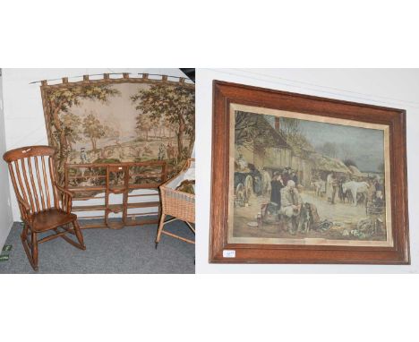 A 19th Century Elm Windsor Rocking Chair, together with a Victorian pine plate rack, together with a machine made tapestry, 1