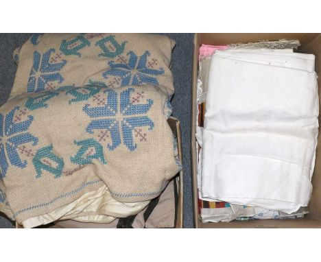 Assorted 20th Century Embroidered Linen and Textiles, bed linen, table linen and other itemsfloral wool work tapestry panel, 