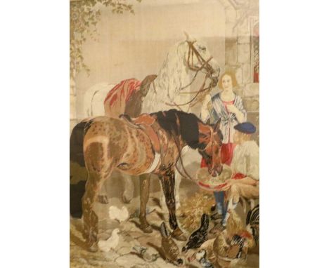 A Large Victorian Tapestry, of horses watering, 109cm by 84cm