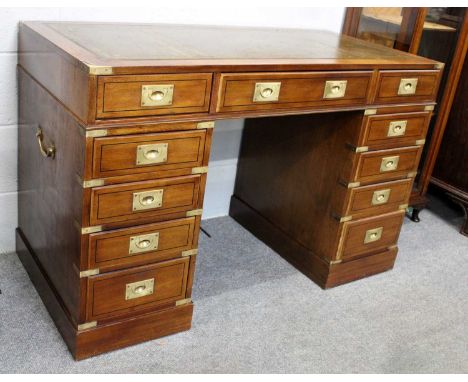 A Brass-Bound Campaign Mahogany Pedestal Desk, with green leather inset top, 120cm by 57cm by 77cmOverall in very good clean 