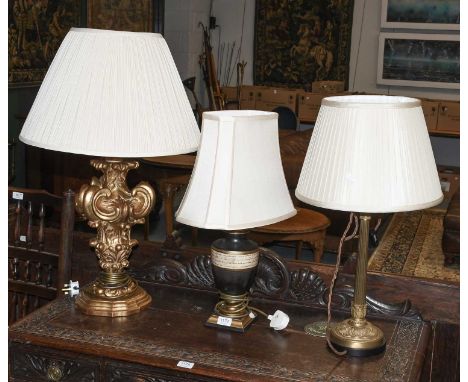 A Modern Gilt Wood Table Lamp, in the form of a candlestand together with A Painted Urn Form Table Lamp and A Columnar Exampl