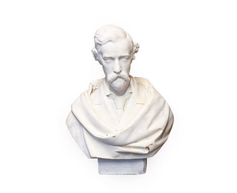 English School (19th century) White Marble Bust of C F Blackett, wearing a neck tie, jacket and fur-lined cloak, on a titled 