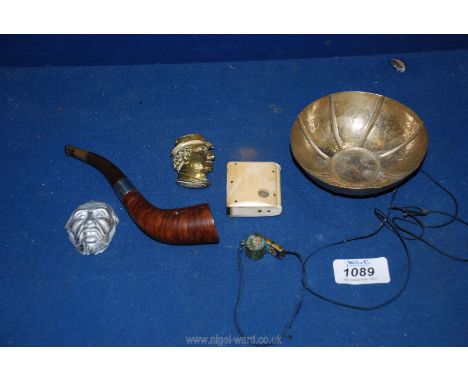 A small plated dish, a L &amp; Co. pipe with silver band, bone Vesta case, two other metal vestas in the form of faces, etc.