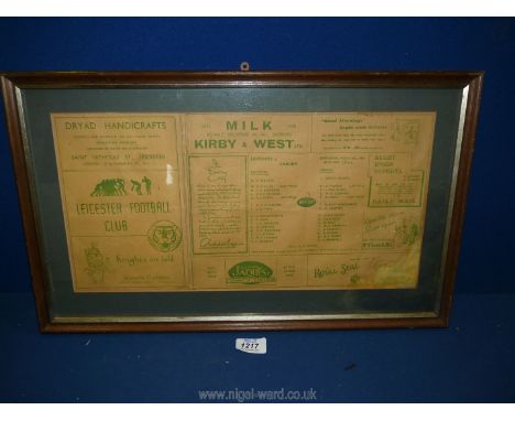 A framed leaflet from Leicester Football Club vs Cardiff on Nov. 16th 1946, 21" x 12 1/2".