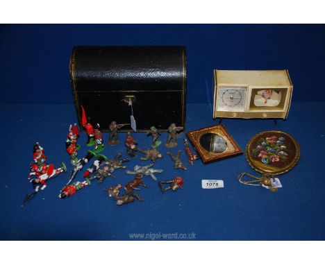A quantity of miscellanea including stationery box with key, miniature painting on copper, novelty musical alarm clock, lead 