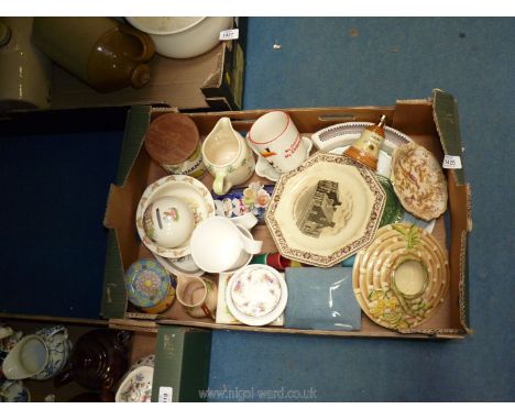 A box of mixed china including Poole crescent shape dish, Guinness mug, Royal Doulton 'The Coppice' jug, Royal Doulton Bunnyk