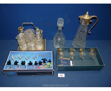 A small quantity of glass to include four boxed concerto liqueur glasses, decanter, cruet set with white metal stand and pick