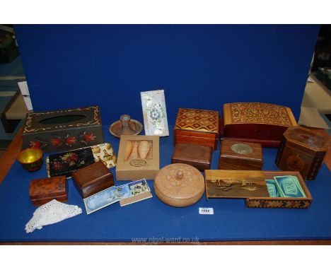 A box of Treen boxes, Tunbridge ware jewellery box, tissue box, inlaid tea caddy, etc.