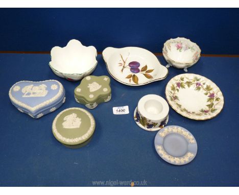 A small quantity of china including two green Wedgwood pots, trinket pot, Royal Worcester 'Bacchanal' plate, Silesia trinket 