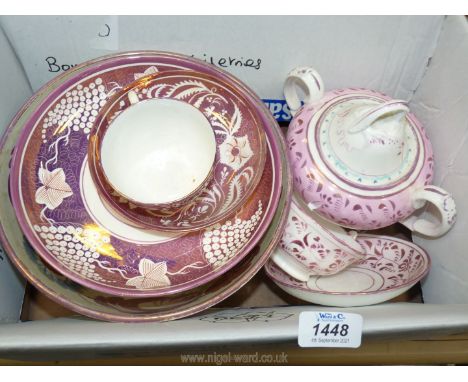 A small quantity of pink lustreware including sucrier, cups, saucer, bowl, a/f etc.