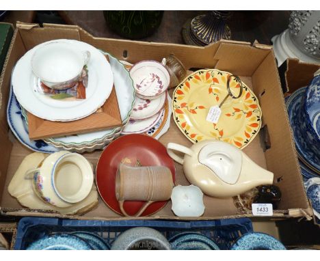 A mixed quantity of pottery, including ash trays, Carltonware "windswept" teapot, Lawley's deco cake stand, Sunderland cup, s