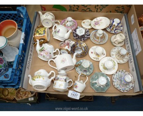A quantity of miniature cups and saucers and an old Royal Worcester trinket dish with red stamp to base.
