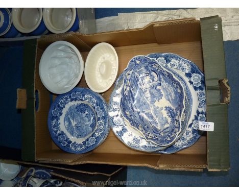 A quantity of blue and white china including 'Locks of Scotland' soup bowls, large plates, Maling ware, Spode and jelly mould