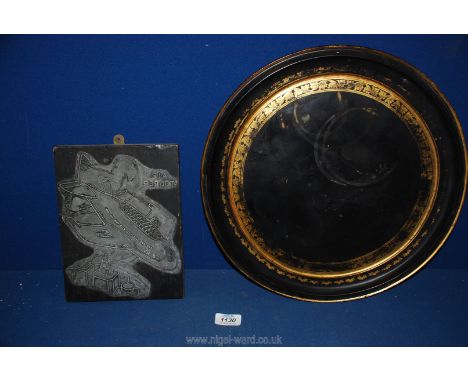 A 1940's/50's Print Block 'Air Tourer' and a black/gold Burmese papier mache tray (badly marked).