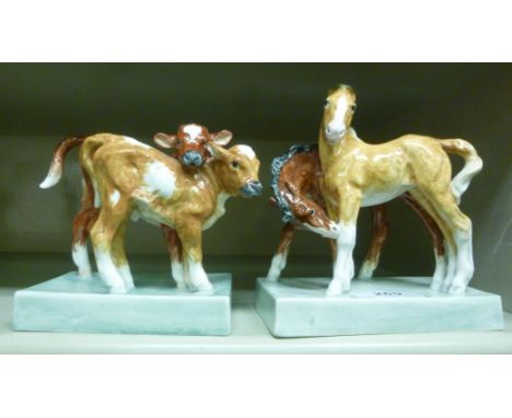 Two Royal Worcester china animal ornaments, 'calves' and 'foals' modelled by Doris Lindner  6''h        OS1