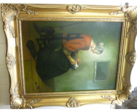 A 20thC European School - a seated woman doing needlepoint  oil on board  15'' x 11''; and a portrait, a young woman with her