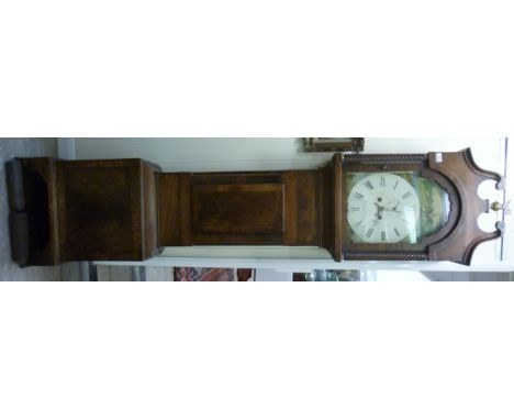 An early 19thC figured, crossbanded and satinwood string inlaid mahogany longcase clock, the hood having a swan neck pediment