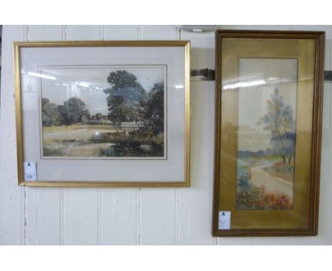 J R Reid - a village pond with a lone figure in the foreground and cottages beyond  watercolour  bears a signature & dated 19