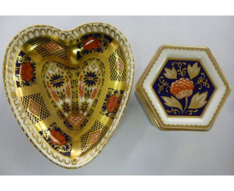 A Royal Crown Derby china trinket box of hexagonal form; a heart shaped pin dish, decorated in the Imari palette          11