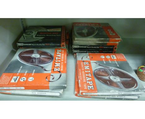 Fourteen various Emitape and Scotch Boy pre-recorded, magnetic reel-to-reel tapes, featuring an extensive range of late 1950s