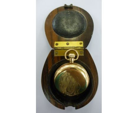 A 9ct gold cased full hunter pocket watch, the keyless movement faced by a white enamel Roman dial with subsidiary seconds; a
