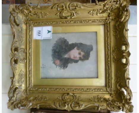 Early 20thC French School - a head and shoulders portrait, a young woman wearing a rose on her breast  oil on board  bears in