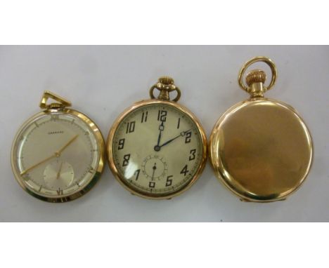 Three yellow metal cased pocket watches, viz. a gold plated full hunter, faced by a white enamel Roman dial with subsidiary s