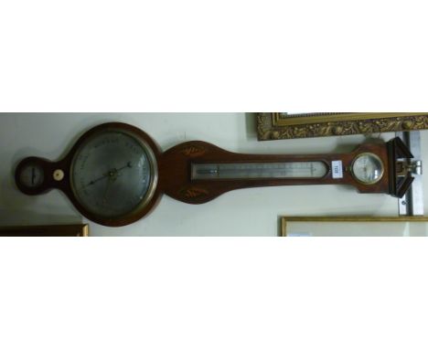 An early 19thC marquetry and string inlaid mahogany cased wheel barometer, faced by silvered dials  inscribed A Ferzza, Notti