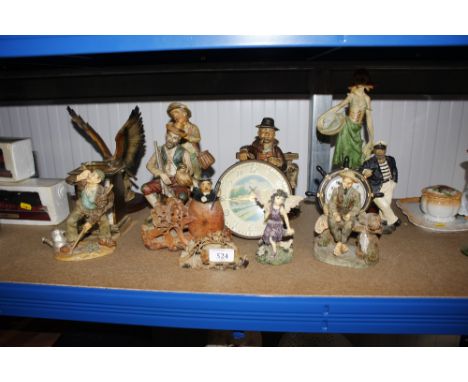 A quantity of Capo di Monte figures; mantel clock etc.