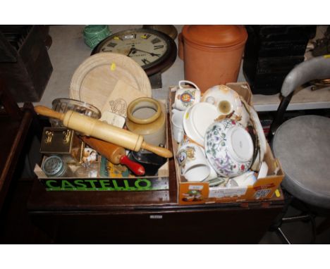 Two boxes of various miscellaneous china etc.; to include a bread plate, rolling pins, desktop pencil sharpener, mantel clock