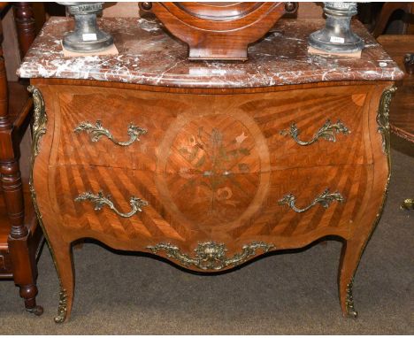 A 20th century French Kingwood marquetry bombe shaped commode with marble top and gilt metal mounts, 104cm by 54cm by 90cmCon