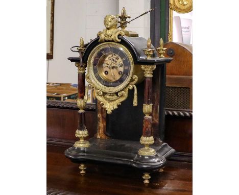 Victorian black slate and marble striking mantle clockCondition report: the case with surface scratches in parts, front colum