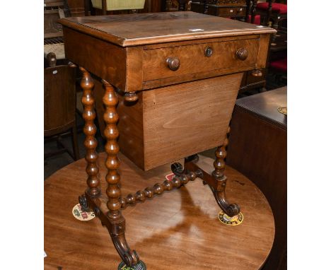 Victorian mahogany work table with bobbin turned supports and carved scroll feet, 54cm by 43cm by 75cm