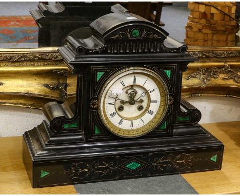 Victorian black slate and green malichite striking mantel clock, circa 1890Condition report: Diameter of the bezel - 18.5cm