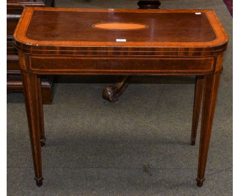 George III mahogany fold over card table, crossbanded in satinwood and rosewood, raised on square tapering supports, 87cm by 