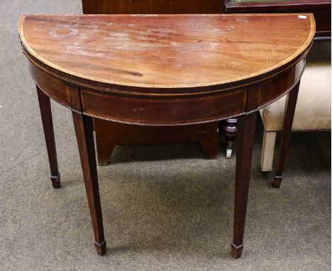 A George III crossbanded mahogany demi lune fold-over card table, 97cm by 48cm by 74cm