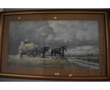 After Gerald Coulson (b.1926, British), coloured print, Harvest Time, framed, mounted, and under glass, measuring 50cm x 90cm